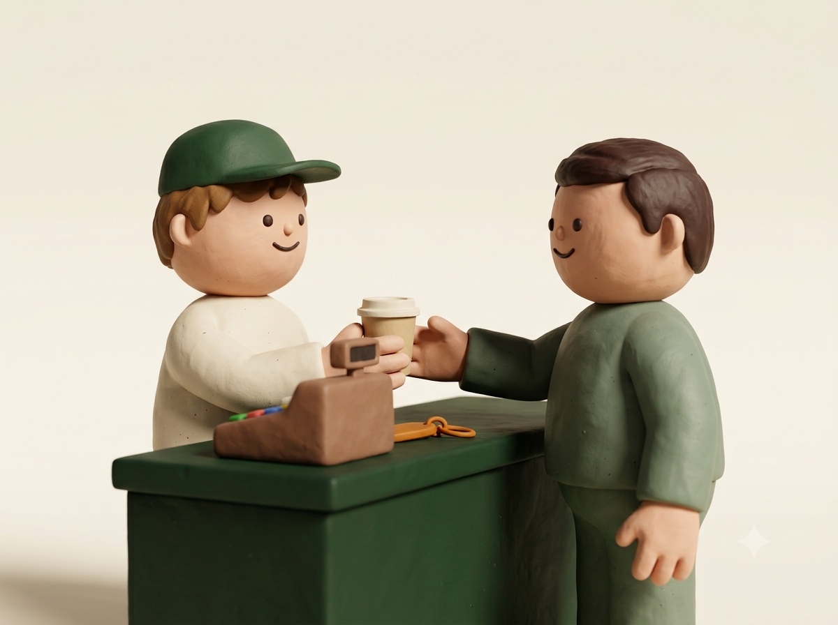 En el mostrador, quien atiende entrega un café a un cliente que trae su Token.